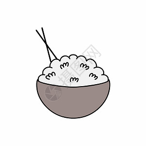 米饭菜一盘米饭和日本筷子 传统的日本菜 涂鸦风格的矢量图标 在白色背景上绘制的米饭插画