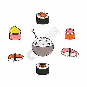 凯普莱斯配有寿司和卷子 日本传统食品 大米和筷子 餐厅的图标收藏 涂鸦风格的矢量图解插画