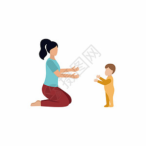 学走路一个小男孩学会走路 母亲教孩子走路 并向他伸出双手 一个女人坐在地板上 平面样式的矢量字符插画