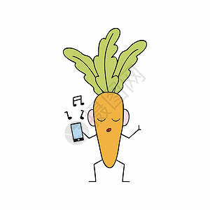 做个音乐素材有趣的胡萝卜正在听你的智能手机上的音乐 儿童贴纸的有趣人物 用涂鸦风格的水果和蔬菜做矢量插图说明插画