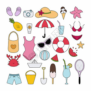 各种伞矢量大型成套夏季用品 用于度假 休假和旅行 用涂鸦风格的矢量插图菠萝相机太阳帽子假期拖鞋眼镜水果西瓜泳装背景