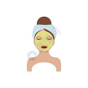 用毛巾包着一个头上包着毛巾 脸上戴着绿色黄瓜面膜的漂亮女孩的脸 卡通的矢量插图 身体 面部和眼部护理的概念 美容师服务 美容院 水疗中心设计图片