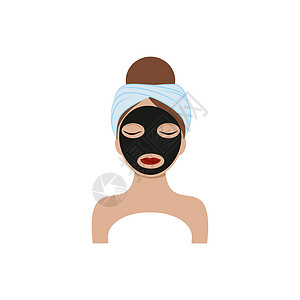 发膜主图头上包着毛巾 脸上带着黑炭面具的漂亮少女的脸 卡通的矢量插图 身体 面部和眼部护理的概念 美容师服务肩膀女士发膜煤炭外科温泉整形插画
