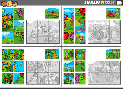带有卡通昆虫的 jigsaw 拼图游戏背景图片