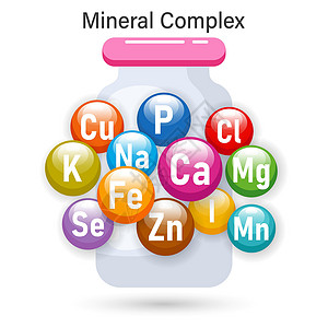 健康营养的矿物综合体 药瓶中的矿物图标说明 见AC 54970 附件营养学保健补充津贴预防饮食插图卫生化学品信息插画