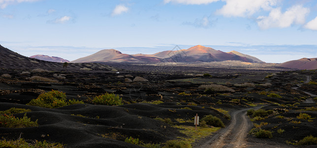 La Geria 葡萄酒产区的黑色火山景观 可欣赏兰萨罗特岛 Timanfaya 国家公园的景色 西班牙加那利群岛兰萨罗特岛的热背景