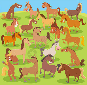 漫画角色组的卡通农场马匹背景图片