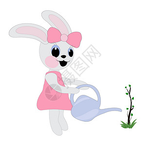 给小树浇水穿粉红裙子的兔子女孩正在从水罐里给一棵小树浇水 2023年的符号 生态概念 儿童彩色书籍 矢量图像插画