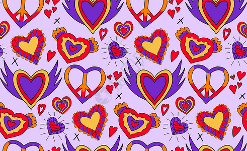 情人节的曲折回溯70年代无缝模式 爱与和平无止尽的纹理 倒滴 矢量插图艺术打印花朵纺织品包装剪贴簿涂鸦插画