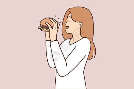 吃手女人素材快乐的女人吃汉堡包插画