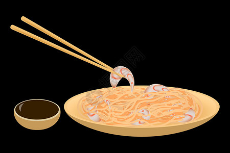 面条厂竹子盘中面条和虾 黑底的筷子和酱油 矢量图象插画