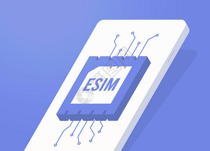 esimeSIM - 数字模拟技术概念 可编程的移动电话电子SIM卡 特写屏幕上带有 Esim 图标的等量智能手机插画