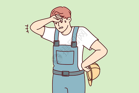 工人抗着横木身穿施工制服 戴着安全帽擦额头的汗流浃背的疲惫男子 矢量图像设计图片