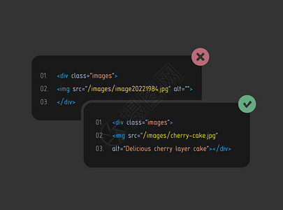错误素材网图片 Alt 和标题标签文本 SEO 概念 比较正确的 SEO 图像优化和网站上的最佳可用性体验与错误的图像优化插画