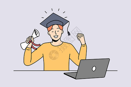 青年男子使用阻力带健身塑身带着毕业证书的笑脸男子庆祝网上毕业设计图片