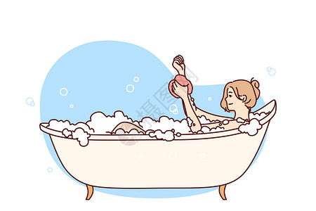 洗浴桑拿年轻快乐的女子在辛苦的一天之后用洗衣布洗浴和放松来擦手插画