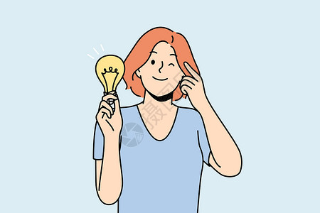 手拎带带灯泡的微笑女人 发展商业思想插画