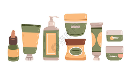 一套美容化妆品平板设计矢量说明卡通片润肤皮肤插图治疗洗剂血清女士产品女性插画