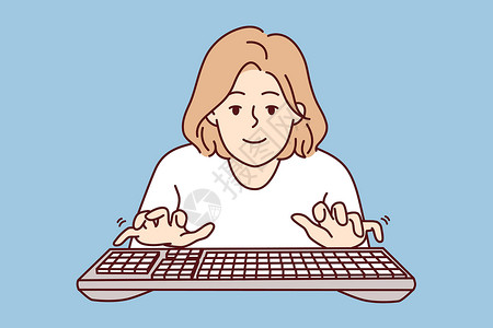 商务人士打哈气年轻女性博客在键入键盘时用键盘看屏幕 同时打电子邮件信息设计图片