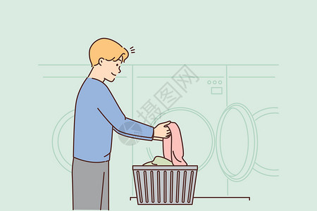 家庭生活洗衣服青年男子在洗衣店洗衣服插画