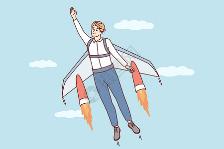喷气背包人类在喷气机翼的帮助下飞上飞机 以便构思职业发展或商业成功的概念设计图片