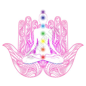 莲花位置人类剪影坐在莲花的位置与脉轮在 hamsa 符号在背景上 矢量图的孤立的女孩 华丽的手绘 hamsa 受欢迎的护身符插画
