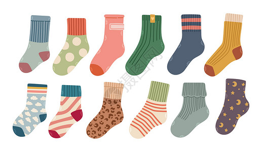 小袜子白色背景矢量插图中不同质地的时尚棉袜和羊毛袜的收藏插画
