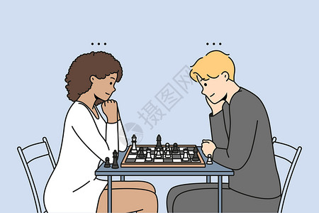 下象棋男人情侣坐在桌边下象棋插画