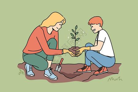孩子帮助年轻母亲和幼童植物树插画