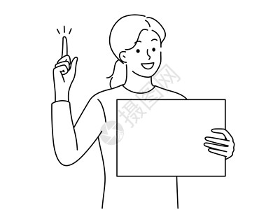 可爱小小主持人微笑的女人用手指拿着标牌点设计图片