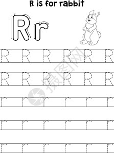 手绘萌宠小兔子Rabbit 动物追踪信ABC 彩色页面 R学前班哺乳动物教育孩子工作簿填色彩页小兔子学校床单设计图片