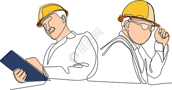卡通工程师施工经理和工程师在工作思考建筑建筑学工人商务头盔厨师庆典讨论单线设计图片