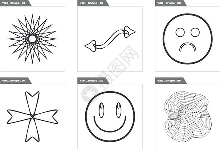 y2k矢量套Y2K 后向未来图形装饰 图形装饰元素艺术天空框架圆圈海报海浪金光横幅地球星星设计图片