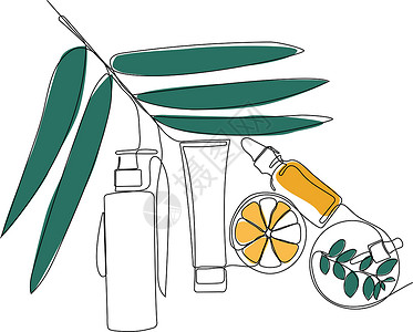 滇橄榄连续绘制一行元素最高视图的成份直线防晒霜杂志皮肤单线护理线条植物吸管芦荟用品插画