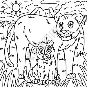 狮子母亲和婴儿狮子彩色儿童专页高清图片