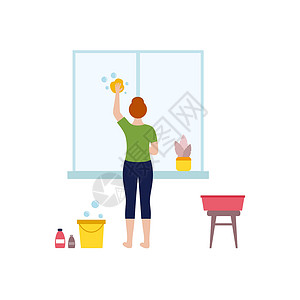 清洁桶女孩洗了窗户 一个女人在打扫窗户 把室内鲜花浇上 家庭作业的概念卡通片公寓家务盆地清洁工父母妈妈主妇英雄女士插画