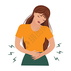 肚子难受患有急性腹部疼痛的年轻女性 健康和医学的概念 (笑声)插画