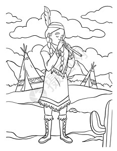 彩色长笛美洲土著印第安女孩玩长笛彩色插画