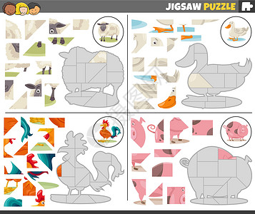 动物拼图与家畜卡通游戏组的 jigsaw 拼图游戏孩子们教育绘画设计游戏公鸡元素意义幼儿园卡通片设计图片