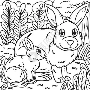 宝宝涂色素材兔子妈妈和婴儿兔子涂色页插画