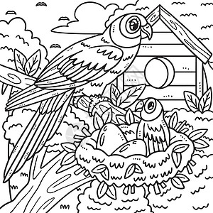 凯瑟琳和母鹦鹉和婴儿鹦鹉涂色页面插画
