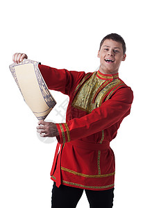 穿俄罗斯服装带纸张的舞蹈舞者民间戏服舞蹈家男人红色演员国家先驱背景图片