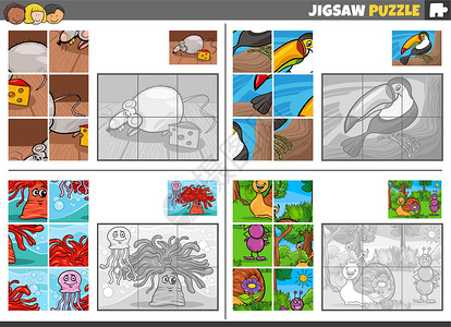 鼠鸟目与卡通动物组合的 jigsaw 拼图游戏蚂蚁活动资产爱好昆虫海葵绘画插图游戏卡通片插画