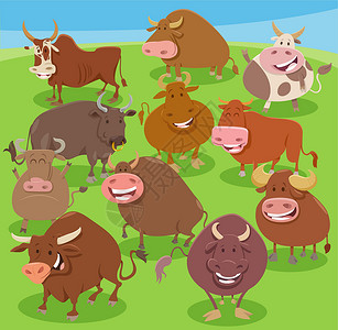澳洲牧场牛卡通公牛农场动物漫画人物组插画