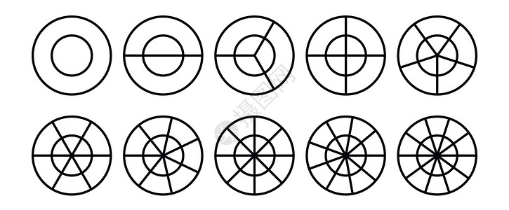 5边形用于数学的分数派 圆形派加上块 片段切片组 简单几何 矢量孤立插图统计数据馅饼桌子进步部门研究戒指车轮信息设计图片