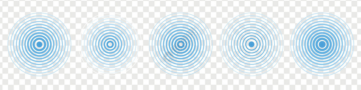 噪音声波设置为蓝色雷达振动 波形图案 圆框架集 水浪 矢量孤立插图插画