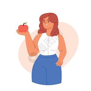 女人正在吃一个苹果 有健康快餐的人饮食 健康生活方式 素食 生食饮食 学生小吃排毒女性卡通片营养微笑身体水果插图蔬菜甜点设计图片