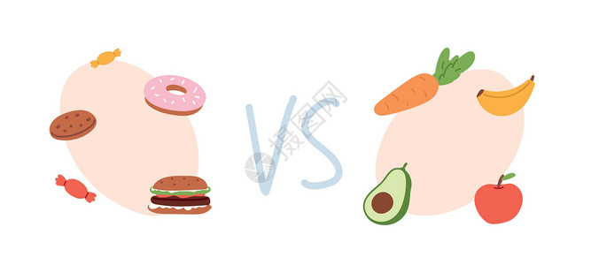 少吃甜食健康和不健康的食物概念 营养之间的选择 快餐 小吃 甜食和脂肪饮食与水果套装 平面矢量图设计图片