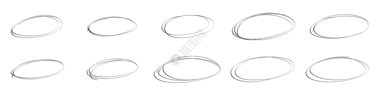 Doodle 风格下手画横形图案 用笔线划线来突出文字 元素孤立矢量插图铅笔手绘椭圆形条纹包围收藏卷曲组织中风草稿插画