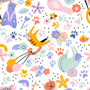 画中猫花朵和抽象装饰手画的玩耍可爱猫咪设计图片